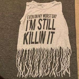 Cropped tank with long fringe at bottle